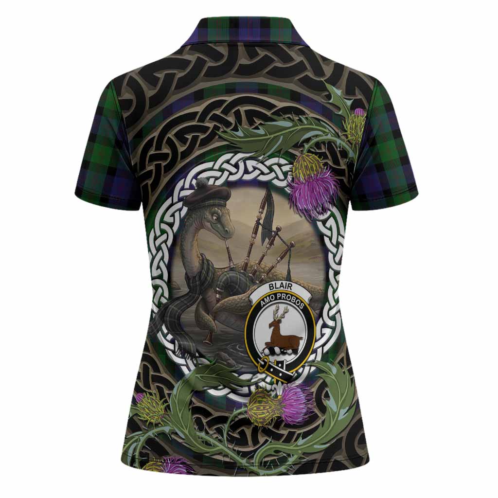 Blair Tartan Crest Bagpipe Nessie Women Polo Shirt Scottish Loch Ness Monster Celtic Thistle