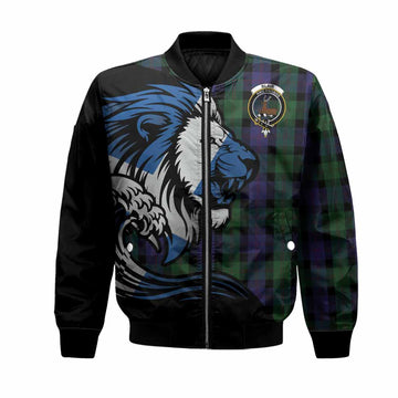 Blair Tartan Crest Bomber Jacket Scottish Golden Lions Wave Flow