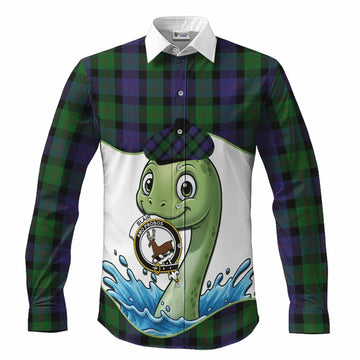 Blair Tartan Crest Cute Nessie Long Sleeve Button Shirts Scottish Loch Ness Monster