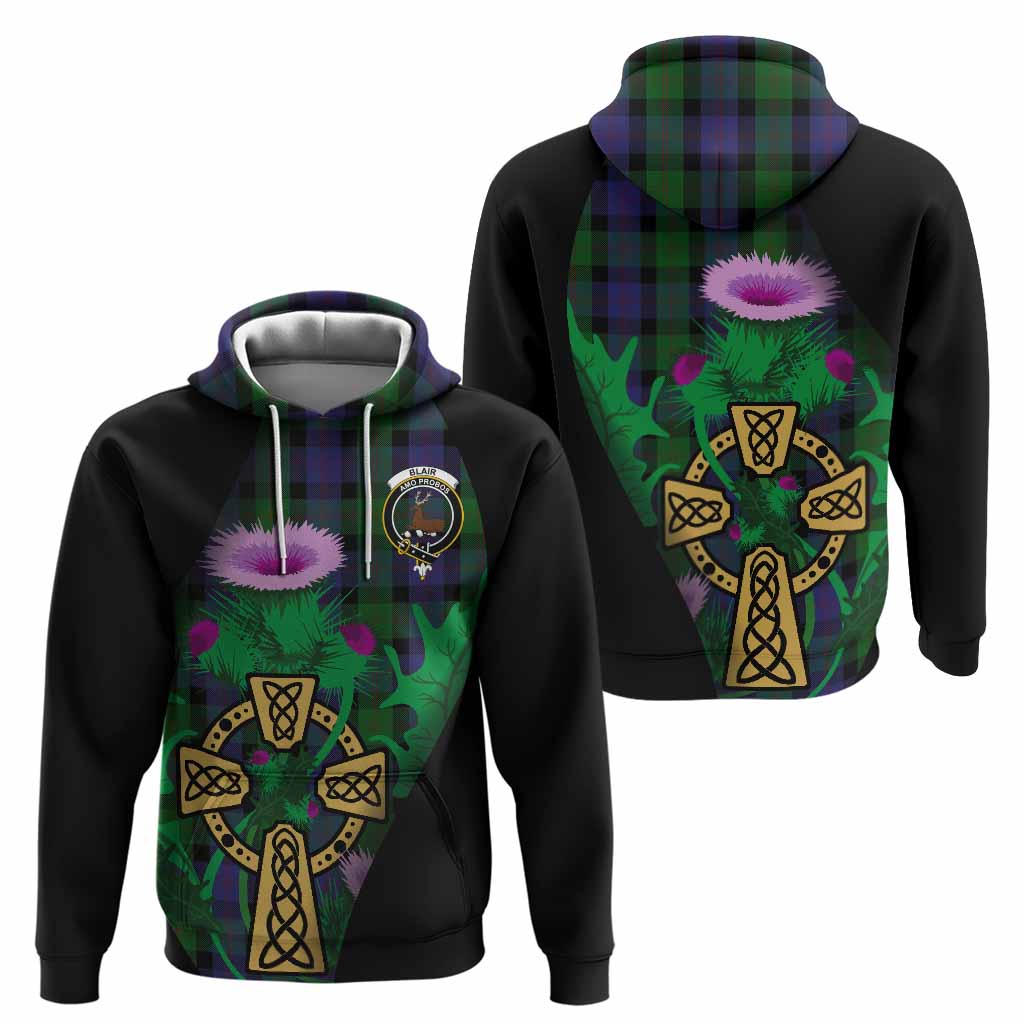 Blair Tartan Crest Hoodie Celtic Cross Thistle Flowers