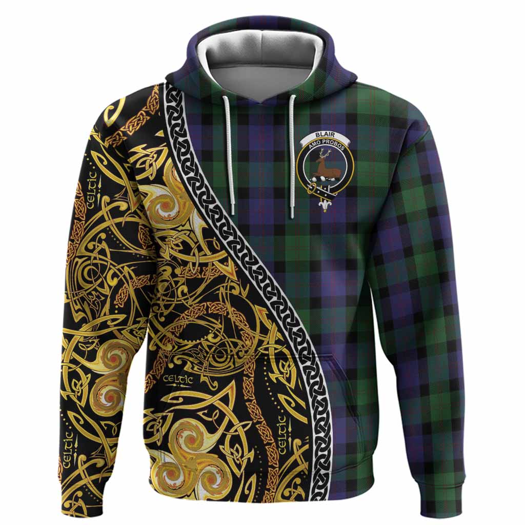 Blair Tartan Crest Hoodie Celtic Knot and Triple Trickle Spiral Symbols