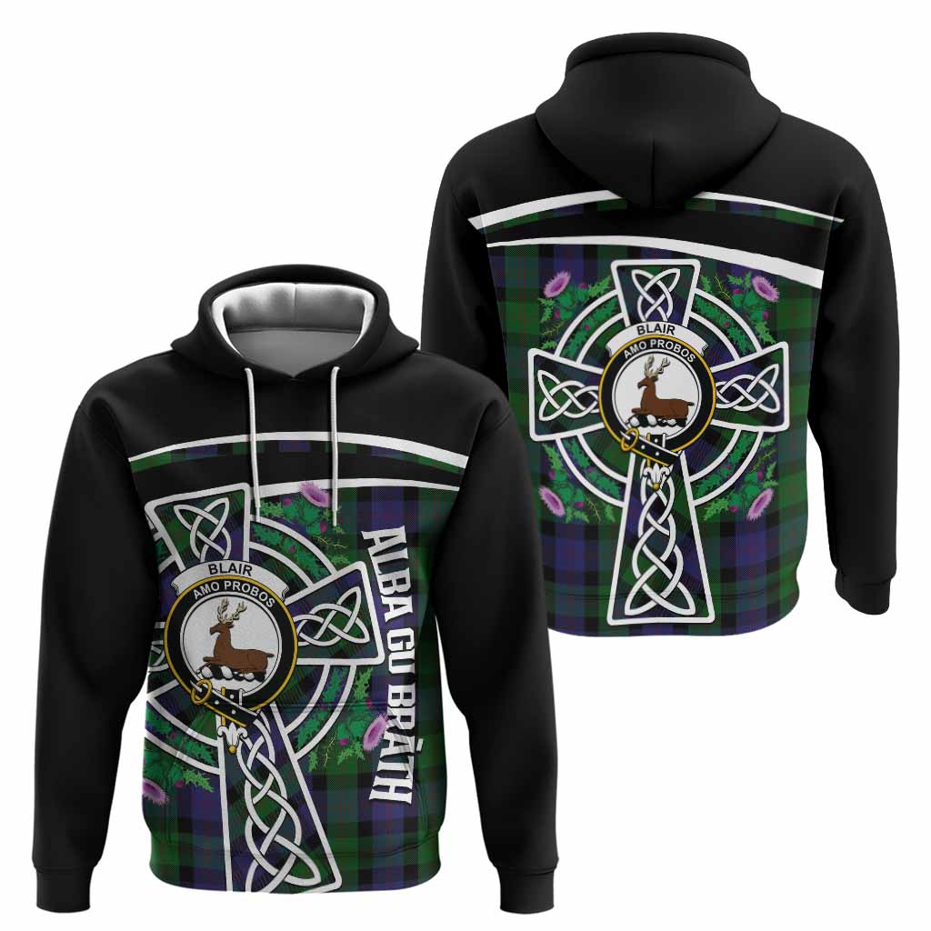 Blair Tartan Crest Hoodie Scottish Thistle Celtic Cross Alba Gu Brath