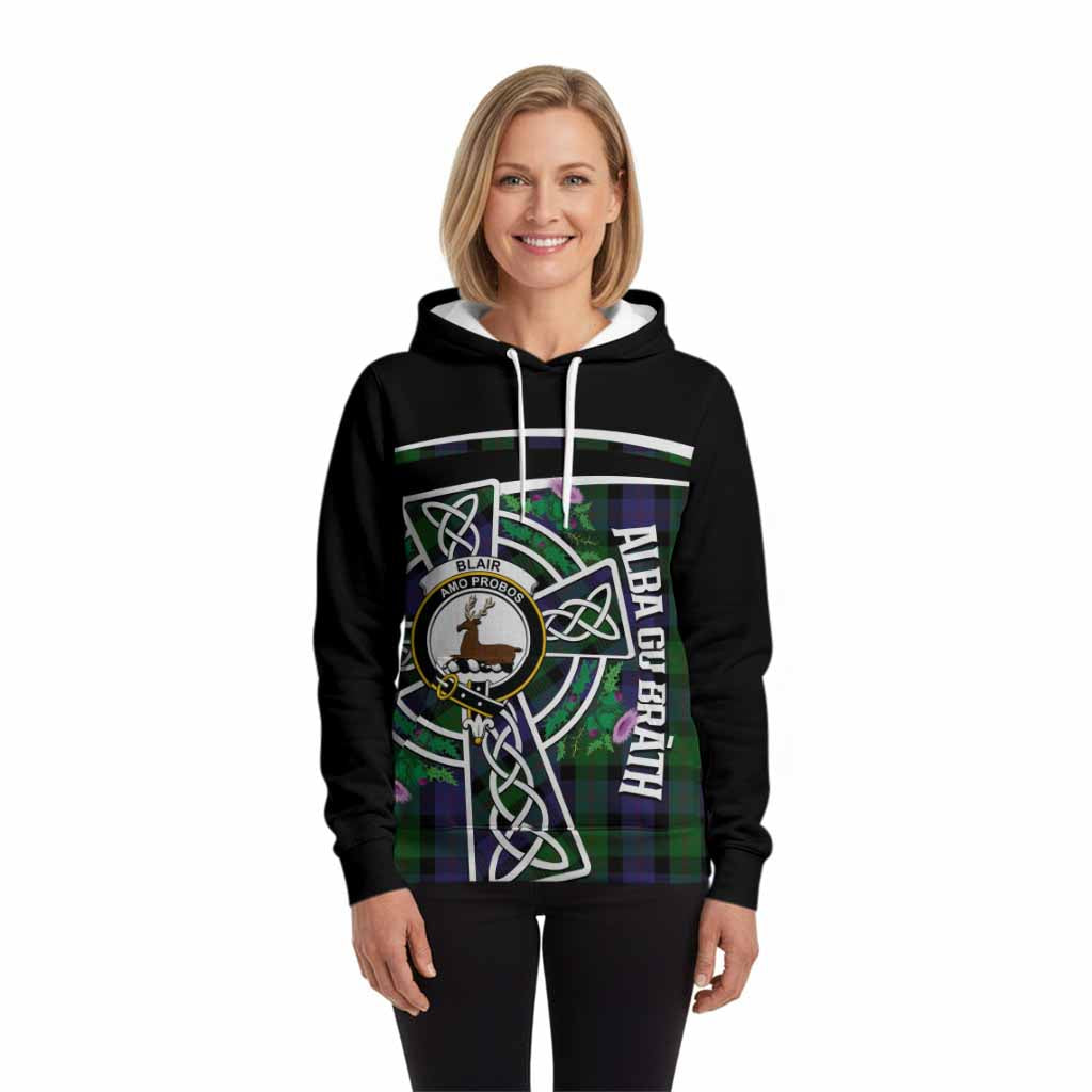 Blair Tartan Crest Hoodie Scottish Thistle Celtic Cross Alba Gu Brath