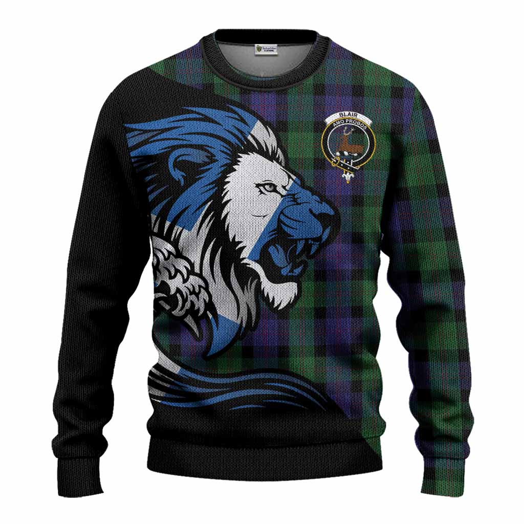Blair Tartan Crest Knitted Sweater Scottish Golden Lions Wave Flow