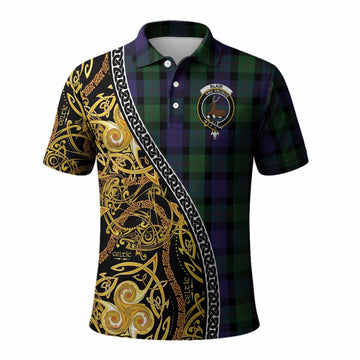 Blair Tartan Crest Polo Shirt Celtic Knot and Triple Trickle Spiral Symbols