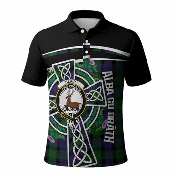 Blair Tartan Crest Polo Shirt Scottish Thistle Celtic Cross Alba Gu Brath