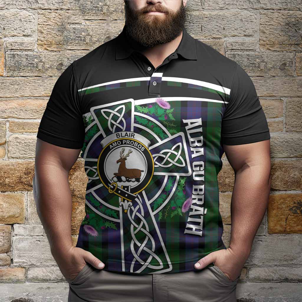 Blair Tartan Crest Polo Shirt Scottish Thistle Celtic Cross Alba Gu Brath