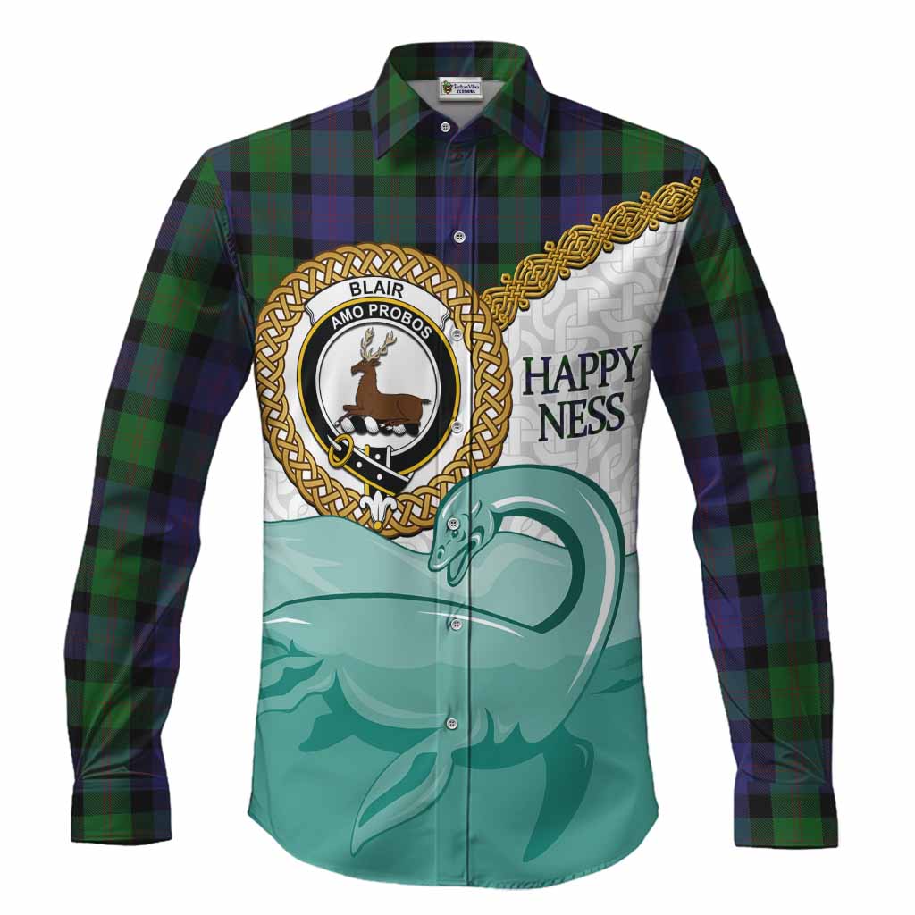 Blair Tartan Crest Scottish Loch Ness Monster Long Sleeve Button Shirts Happy Ness Scotland Celtic Knot