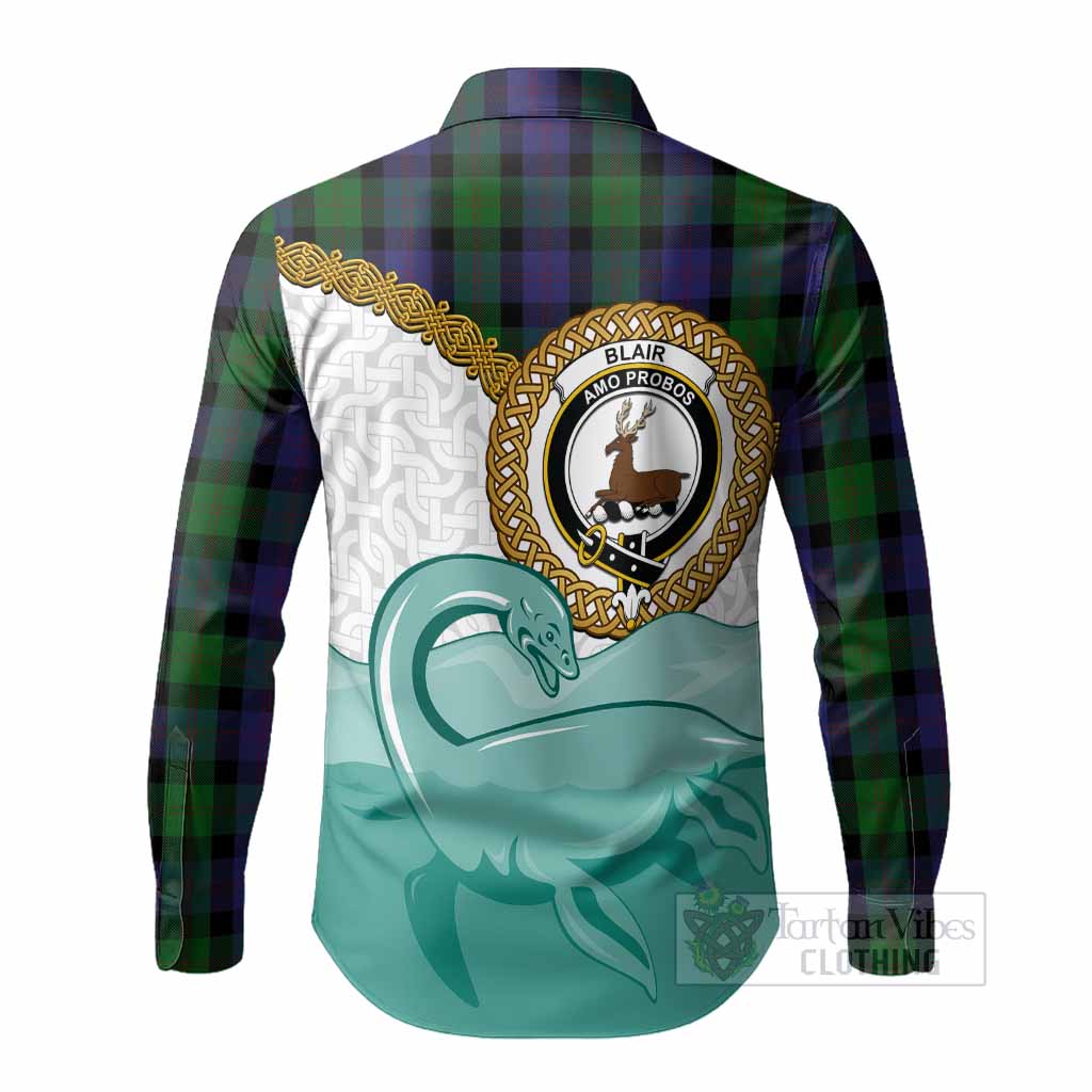 Blair Tartan Crest Scottish Loch Ness Monster Long Sleeve Button Shirts Happy Ness Scotland Celtic Knot