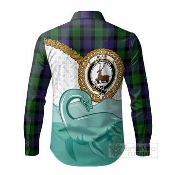 Blair Tartan Crest Scottish Loch Ness Monster Long Sleeve Button Shirts Happy Ness Scotland Celtic Knot