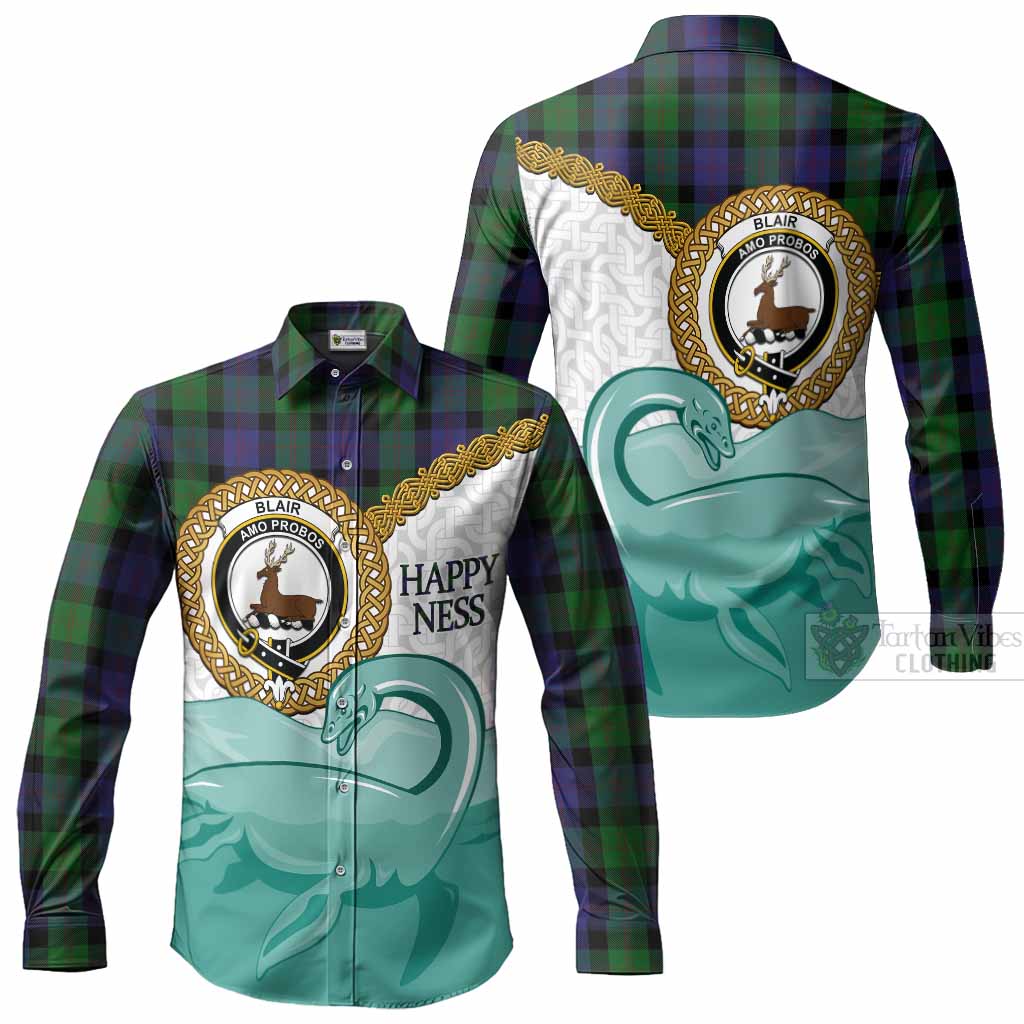 Blair Tartan Crest Scottish Loch Ness Monster Long Sleeve Button Shirts Happy Ness Scotland Celtic Knot