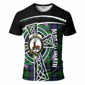 Blair Tartan Crest T-Shirt Scottish Thistle Celtic Cross Alba Gu Brath