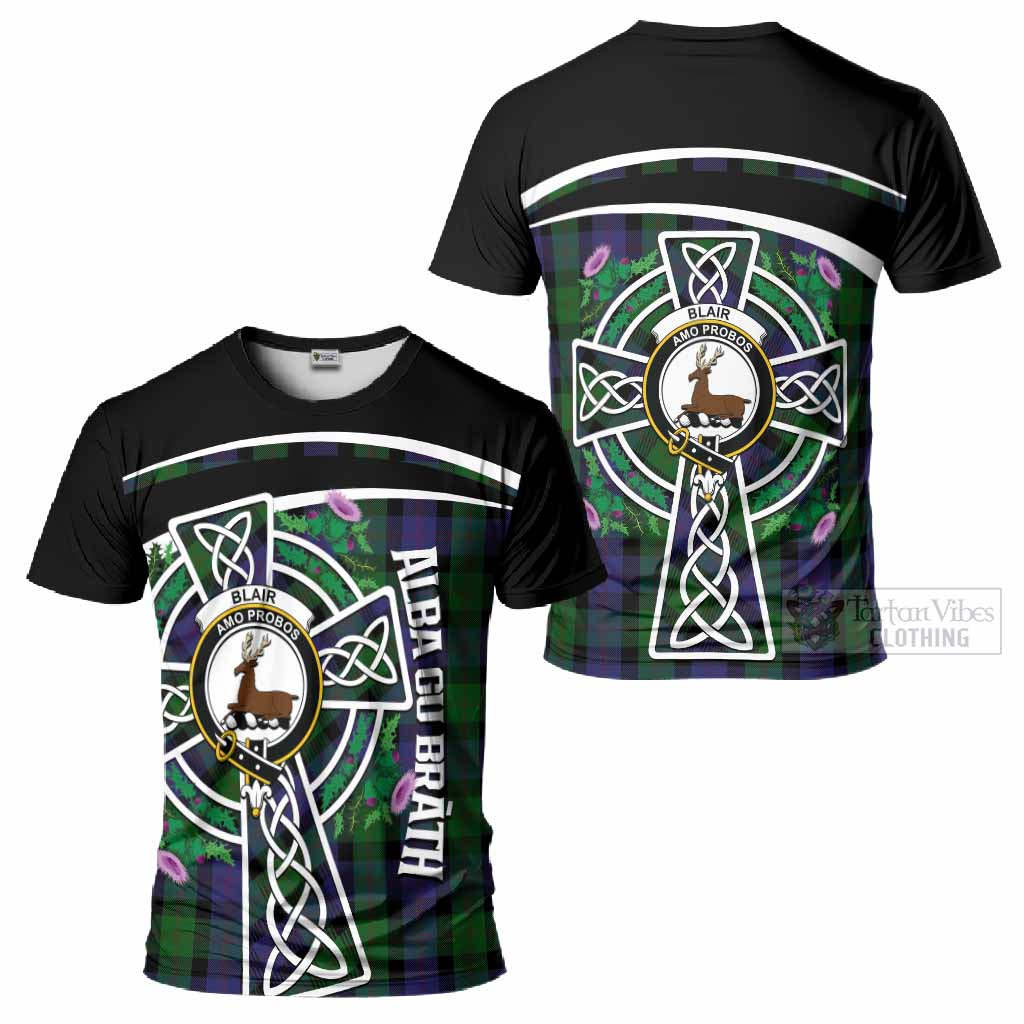 Blair Tartan Crest T-Shirt Scottish Thistle Celtic Cross Alba Gu Brath
