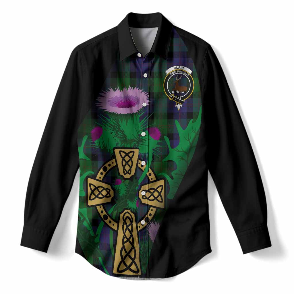Blair Tartan Crest Women Casual Shirt Celtic Cross Thistle Flowers