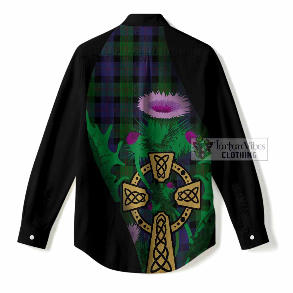 Blair Tartan Crest Women Casual Shirt Celtic Cross Thistle Flowers