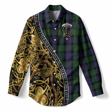 Blair Tartan Crest Women Casual Shirt Celtic Knot and Triple Trickle Spiral Symbols