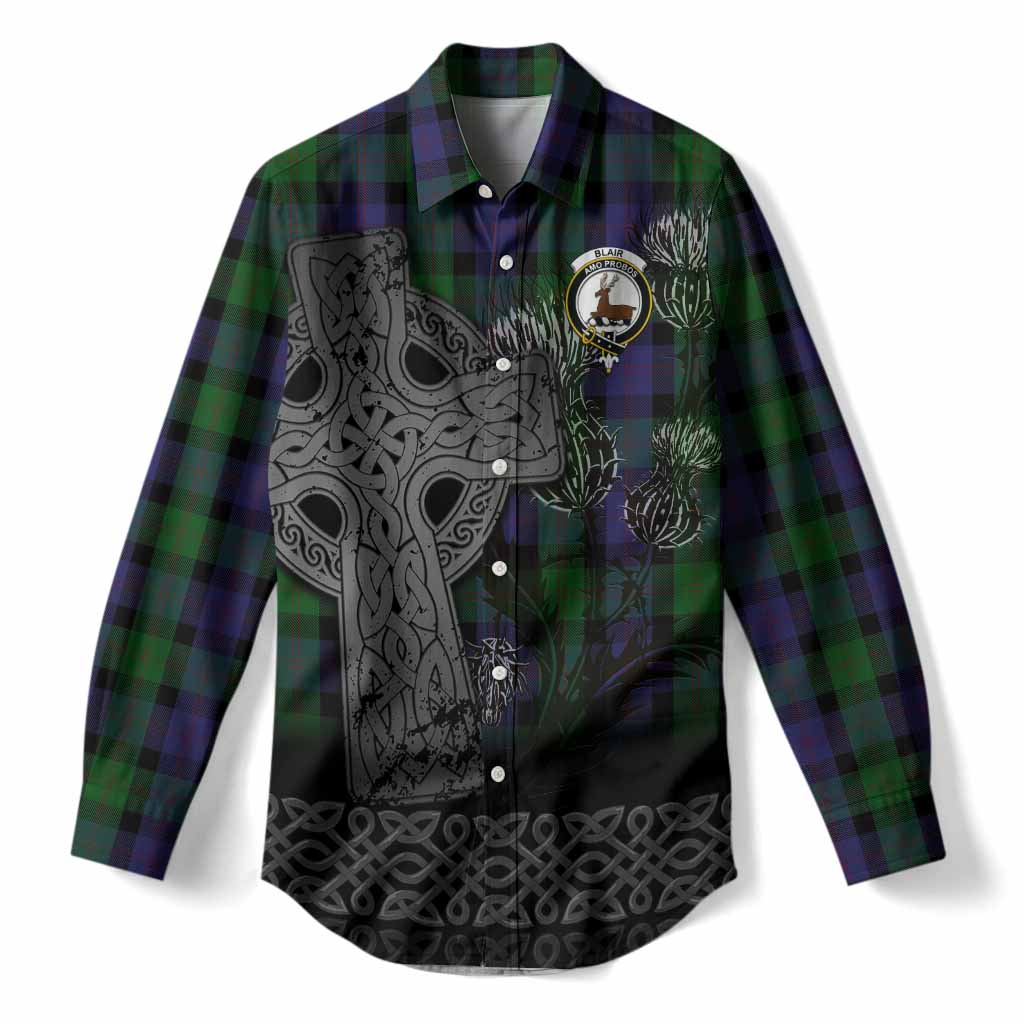 Blair Tartan Crest Women Casual Shirt Grunge Celtic Cross Scottish Thistle