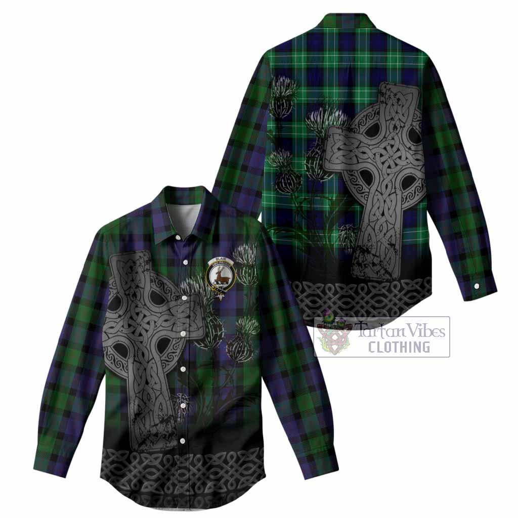 Blair Tartan Crest Women Casual Shirt Grunge Celtic Cross Scottish Thistle