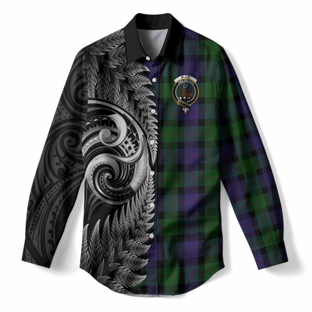 Blair Tartan Crest Women Casual Shirt With New Zealand Silver Fern Maori Koru
