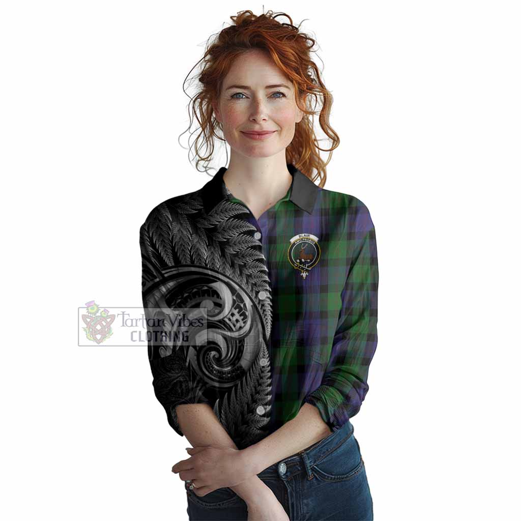 Blair Tartan Crest Women Casual Shirt With New Zealand Silver Fern Maori Koru