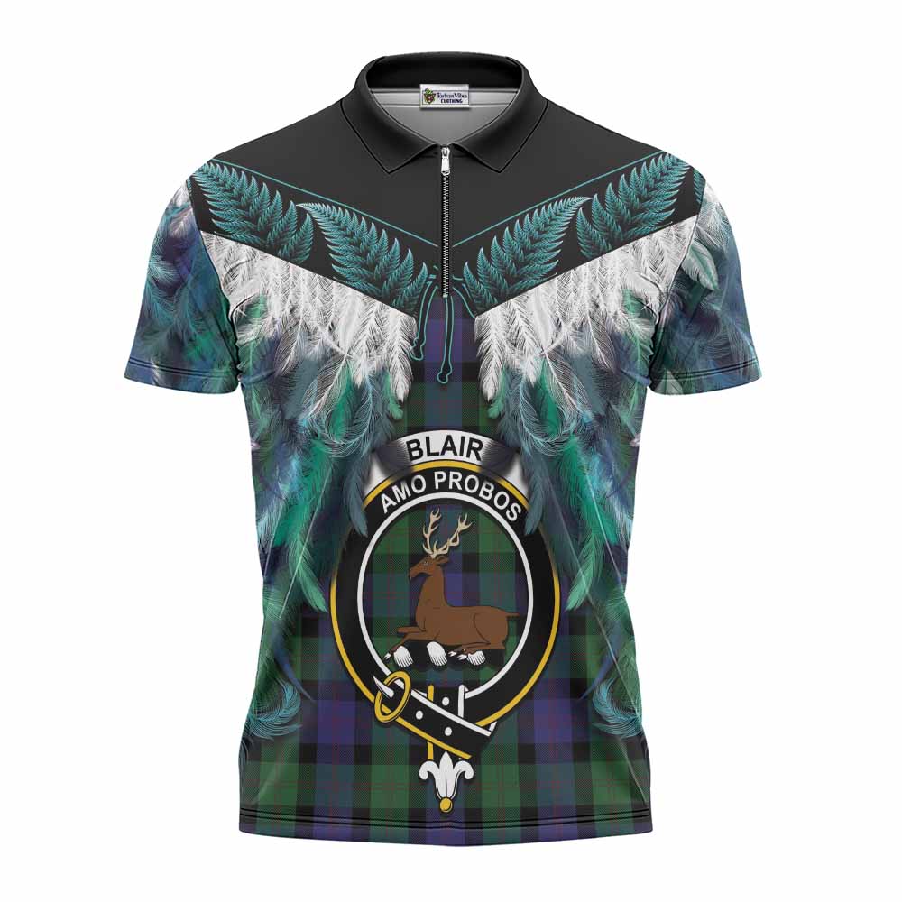 Blair Tartan Crest Zipper Polo Shirt New Zealand Maori Korowai Cloak