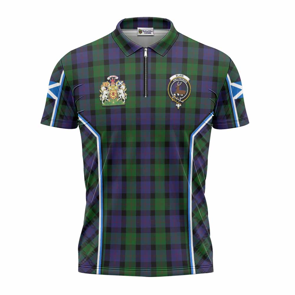 Blair Tartan Crest Zipper Polo Shirt Scotland Coat of Arm Flag Style - Tartan Vibes Clothing