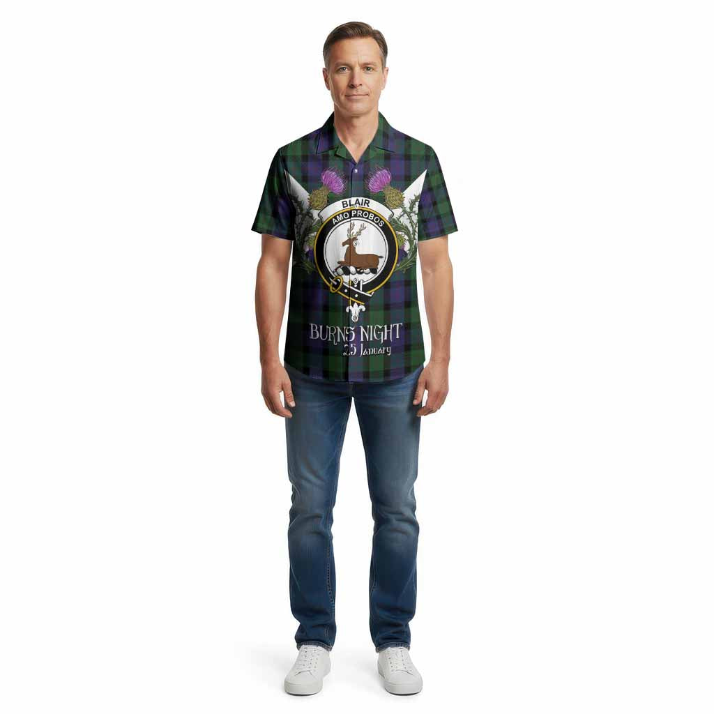Blair Tartan Family Crest Cotton Hawaiian Shirt Scottish Burns Night Thistle Floral
