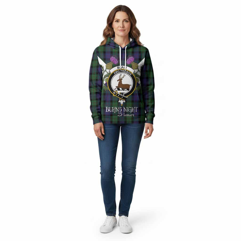 Blair Tartan Family Crest Cotton Hoodie Scottish Burns Night Thistle Floral