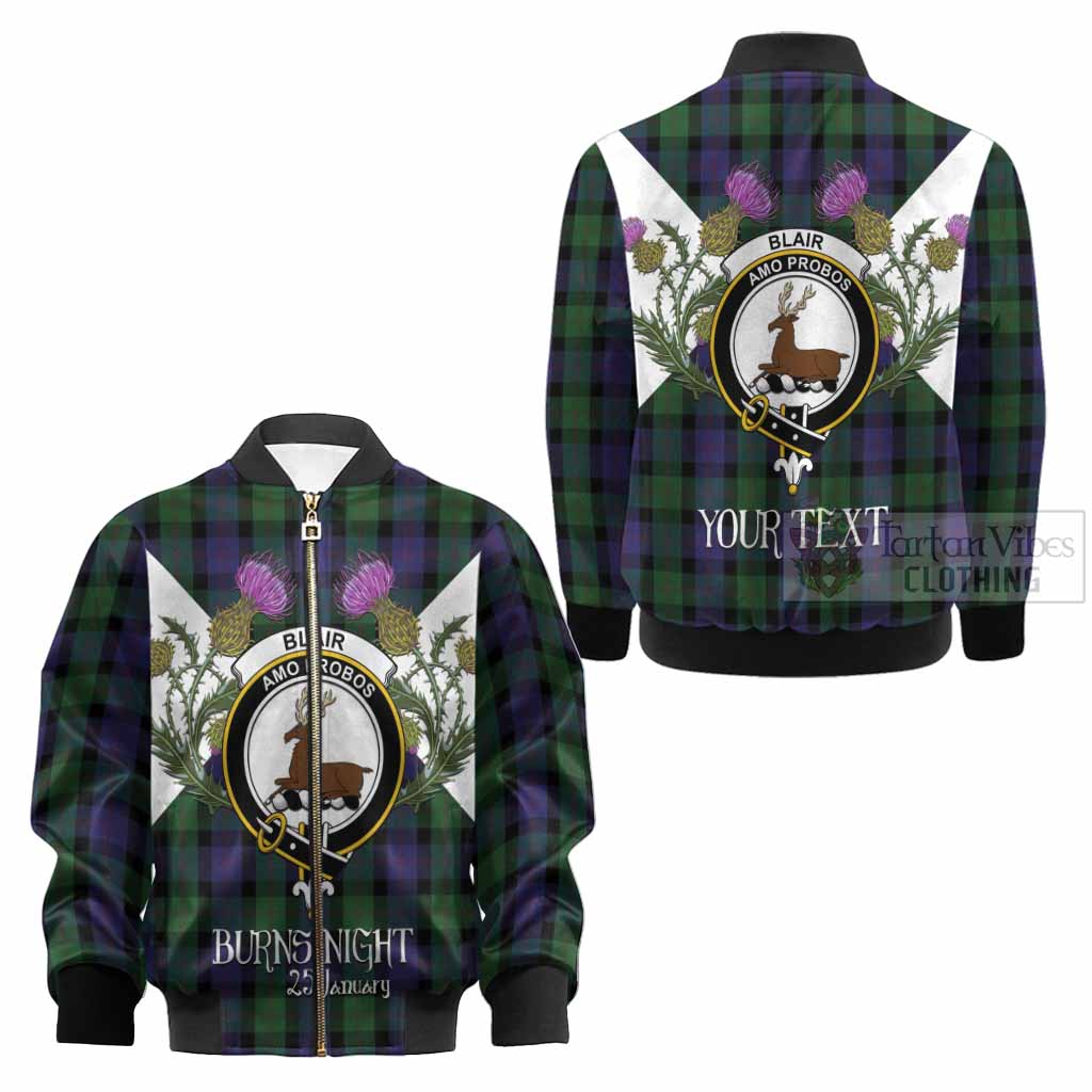 Blair Tartan Family Crest Kid Bomber Jacket Scottish Burns Night Thistle Floral