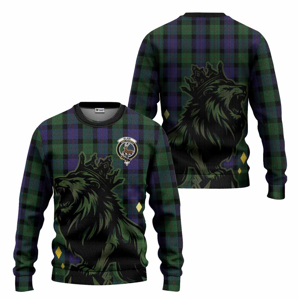 Blair Tartan Family Crest Knitted Sweater Crowned Lion Roaring