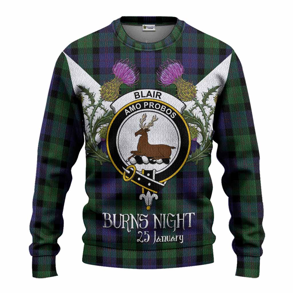 Blair Tartan Family Crest Knitted Sweater Scottish Burns Night Thistle Floral