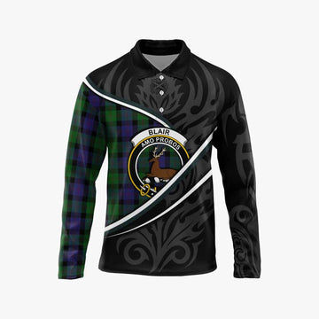 Blair Tartan Family Crest Long Sleeve Polo Shirt Celtic Scottish Thistle Floral