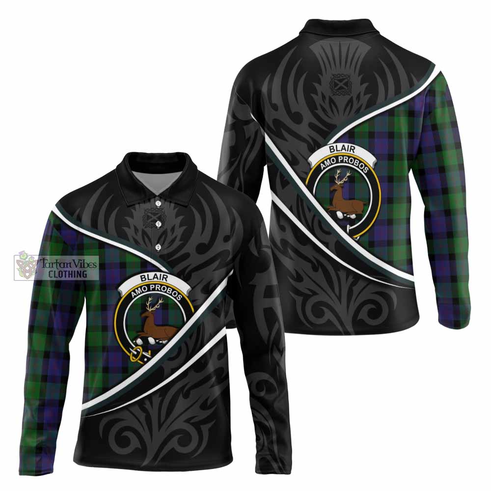 Blair Tartan Family Crest Long Sleeve Polo Shirt Celtic Scottish Thistle Floral - Tartan Vibes Clothing