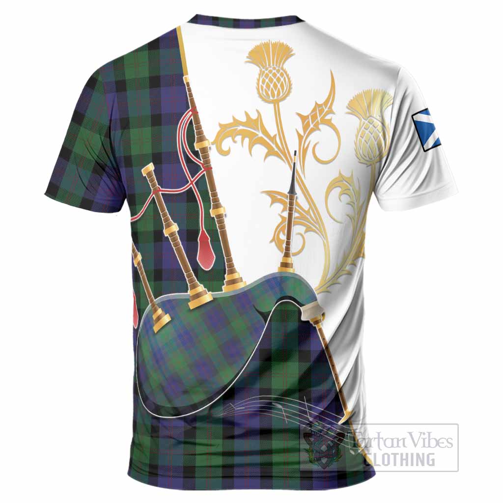 Blair Tartan Family Crest T-Shirt Bagpipes with Scottish Thistle
