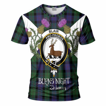 Blair Tartan Family Crest T-Shirt Scottish Burns Night Thistle Floral