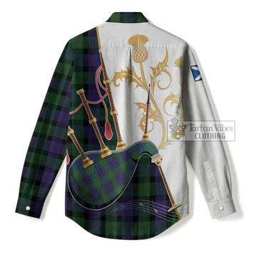 Blair Tartan Family Crest Women Casual Shirt Bagpipes with Scottish Thistle