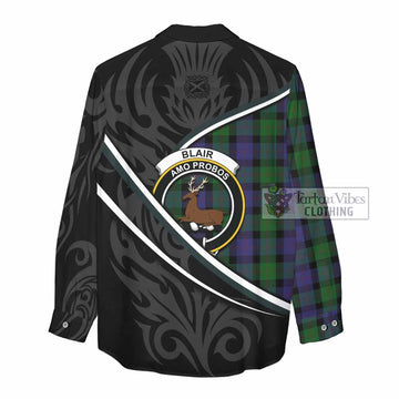 Blair Tartan Family Crest Women Casual Shirt Celtic Scottish Thistle Floral