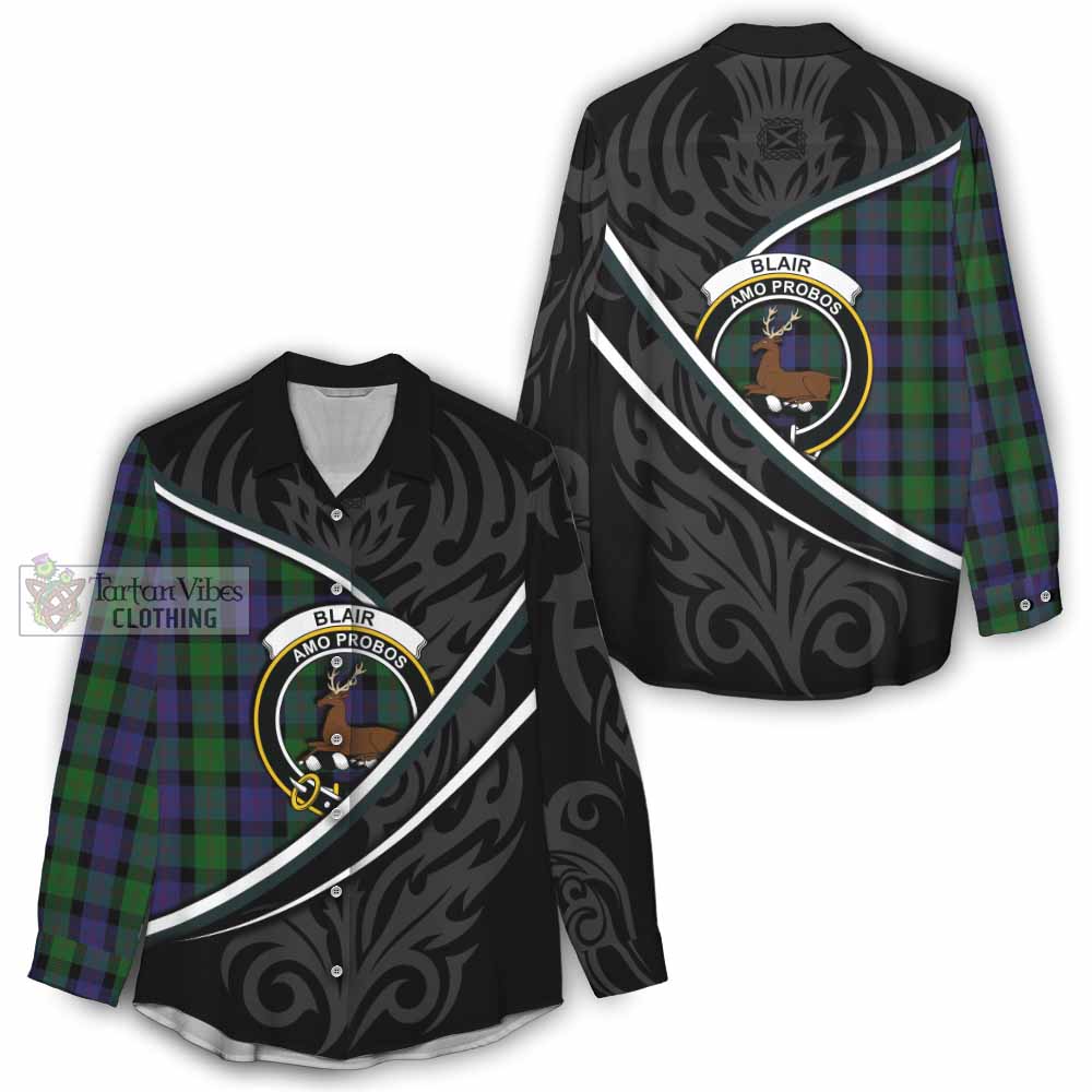 Blair Tartan Family Crest Women Casual Shirt Celtic Scottish Thistle Floral - Tartan Vibes Clothing