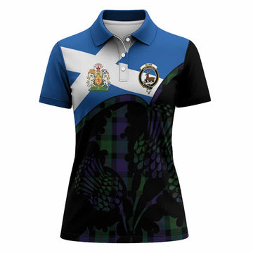 Blair Tartan Family Crest Women Polo Shirt Scotland Thistle Floral Flag Style