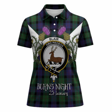 Blair Tartan Family Crest Women Polo Shirt Scottish Burns Night Thistle Floral