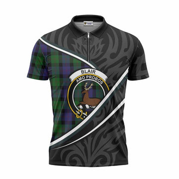 Blair Tartan Family Crest Zipper Polo Shirt Celtic Scottish Thistle Floral - Tartan Vibes Clothing