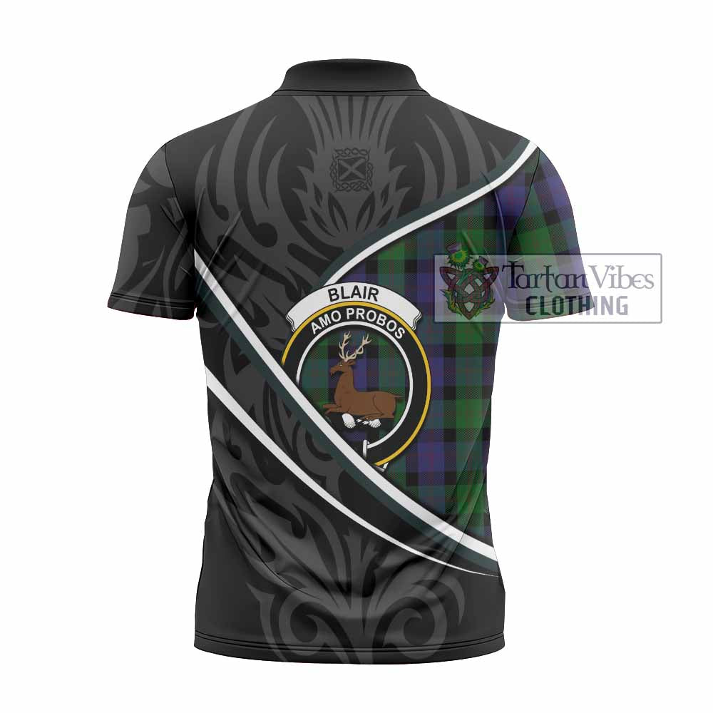 Blair Tartan Family Crest Zipper Polo Shirt Celtic Scottish Thistle Floral - Tartan Vibes Clothing
