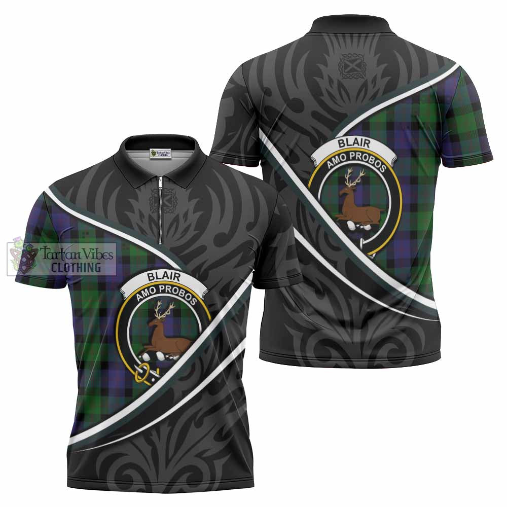 Blair Tartan Family Crest Zipper Polo Shirt Celtic Scottish Thistle Floral - Tartan Vibes Clothing
