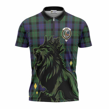 Blair Tartan Family Crest Zipper Polo Shirt Crowned Lion Roaring