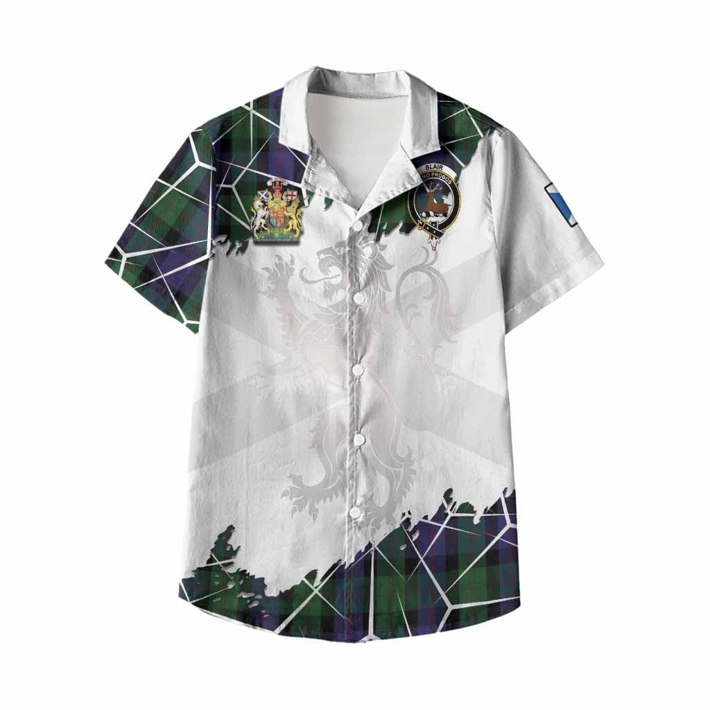 Blair Tartan Kid Hawaiian Shirt with Family Crest and Lion Rampant Grunge Style