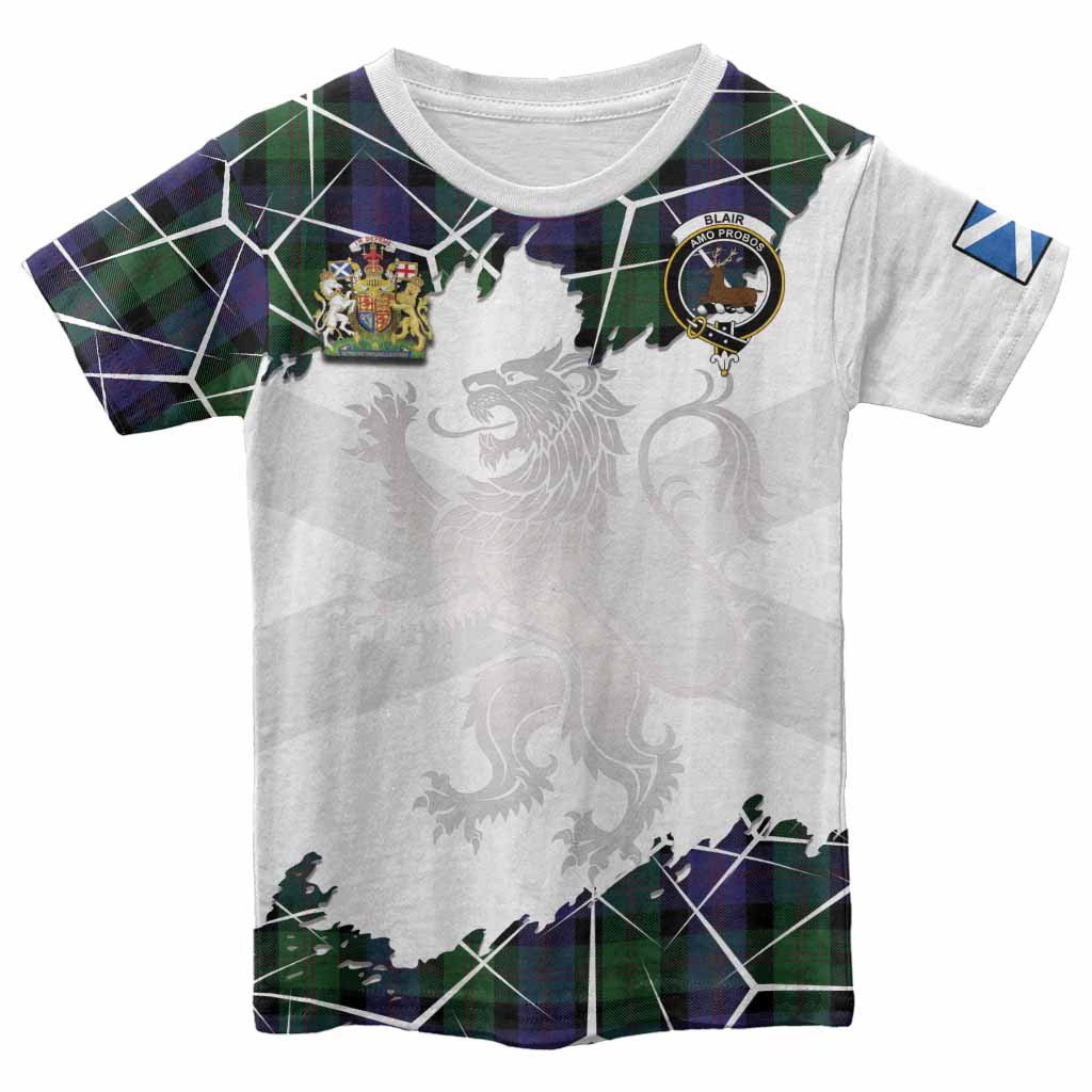 Blair Tartan Kid T-shirt with Family Crest and Lion Rampant Grunge Style