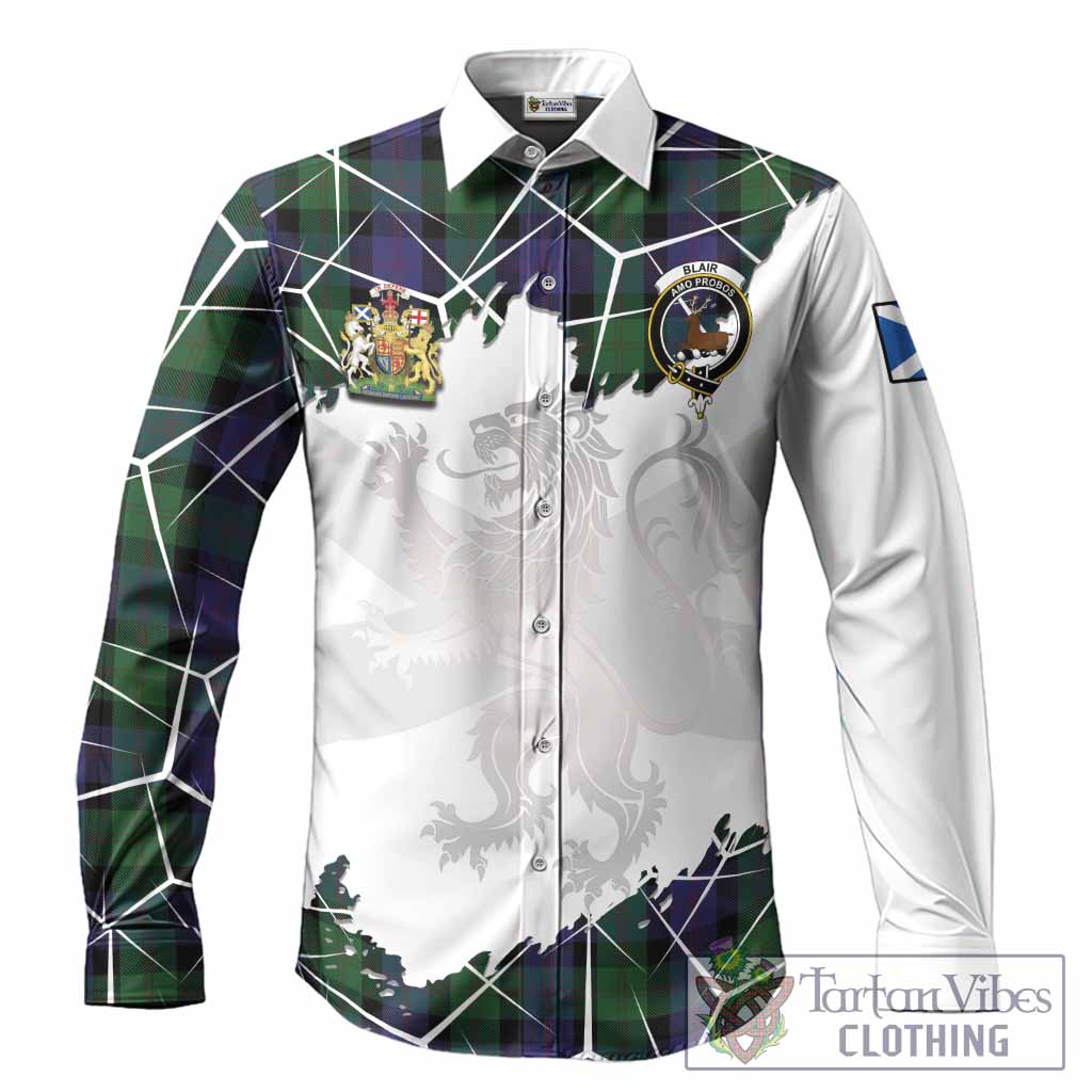 Blair Tartan Long Sleeve Button Shirts with Family Crest and Lion Rampant Grunge Style