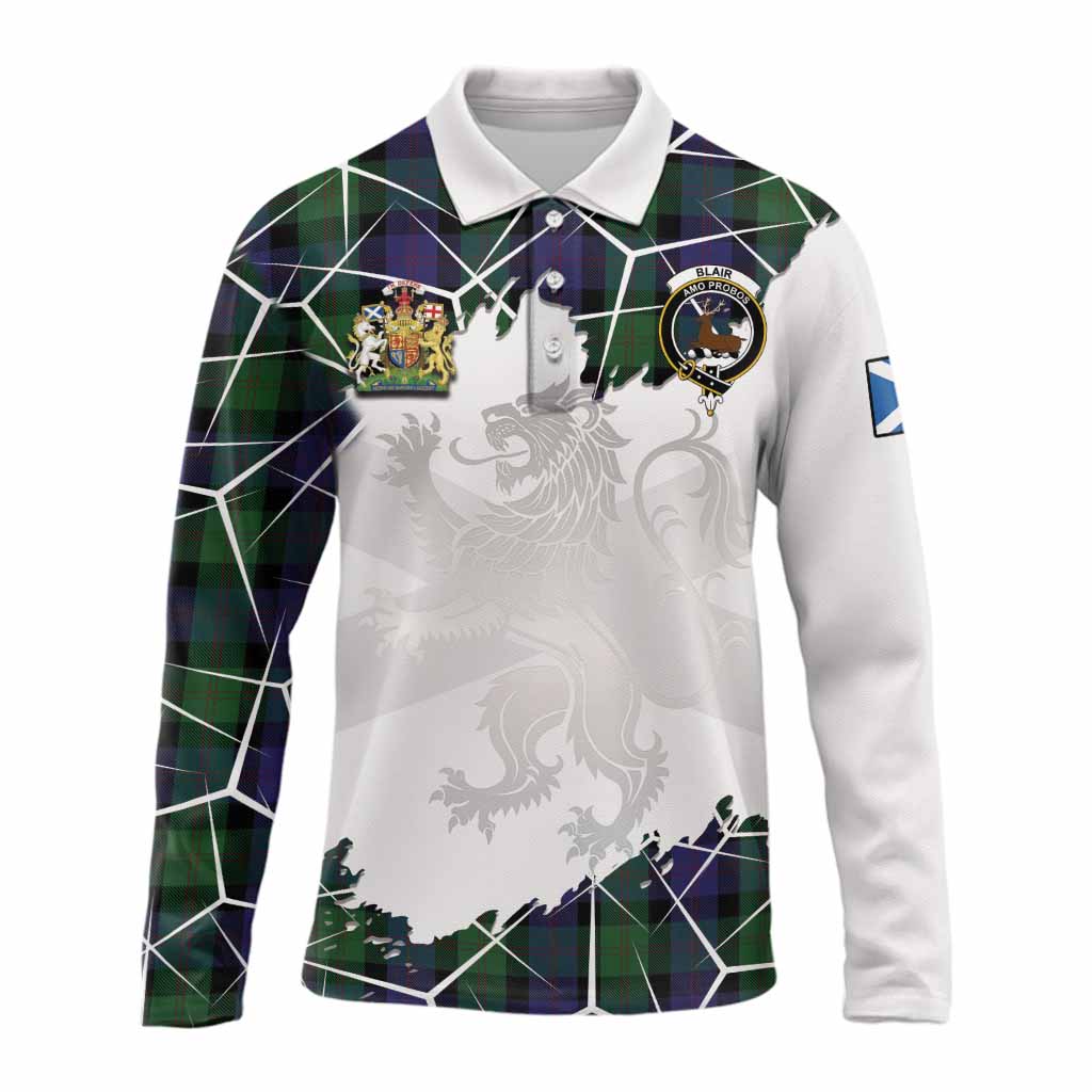 Blair Tartan Long Sleeve Polo Shirt with Family Crest and Lion Rampant Grunge Style
