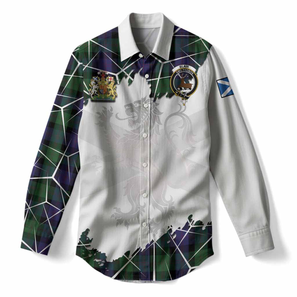 Blair Tartan Women Casual Shirt with Family Crest and Lion Rampant Grunge Style