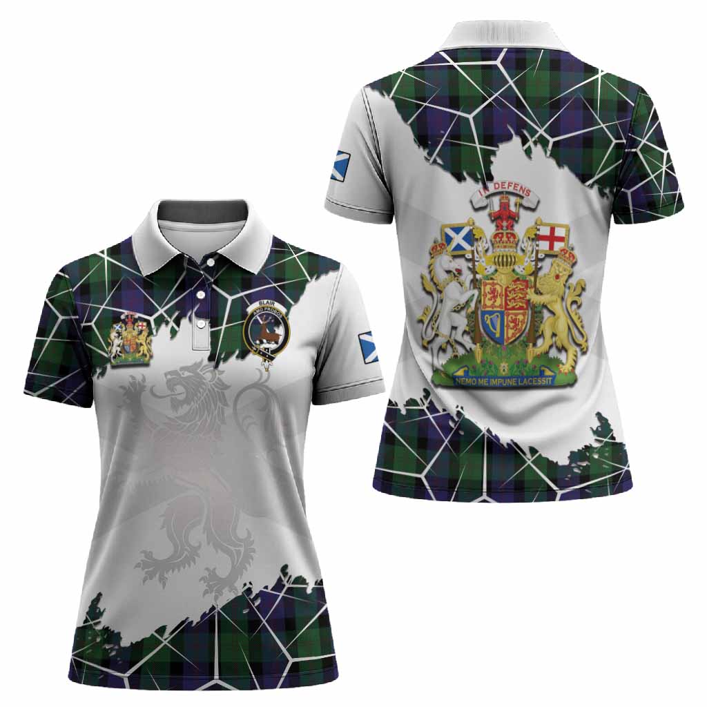 Blair Tartan Women Polo Shirt with Family Crest and Lion Rampant Grunge Style